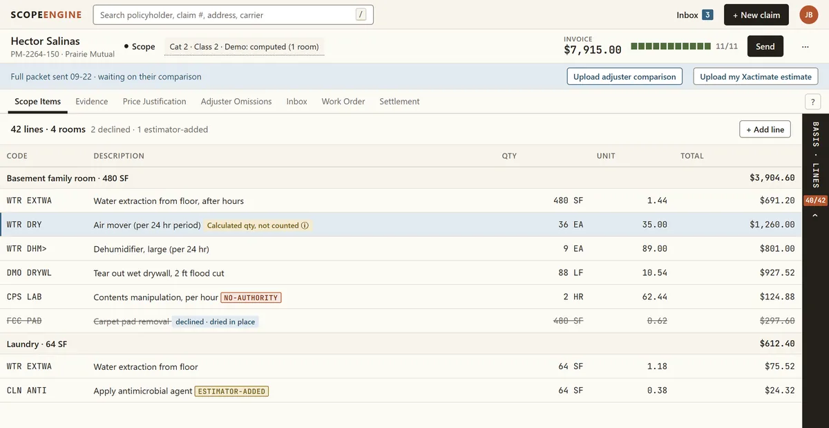 Scope Items screen on a sample claim: priced lines grouped by room, each with its code, quantity and total, and stamps such as NO-AUTHORITY and ESTIMATOR-ADDED on the face of the line.