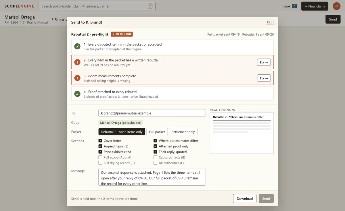Send dialog on a sample claim: a numbered pre-flight check, two items blocking, the packet type, the sections to include and the message to the adjuster.